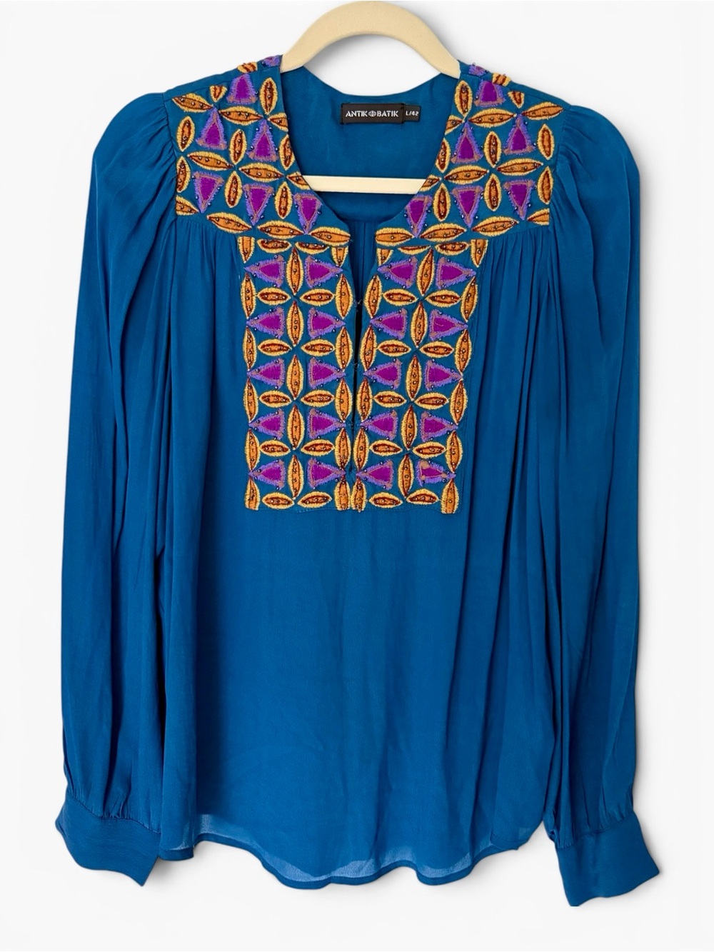 Antik Batik Kwanita Embroidered Beaded Popover Blouse Teal Blue Boho L / FR 42